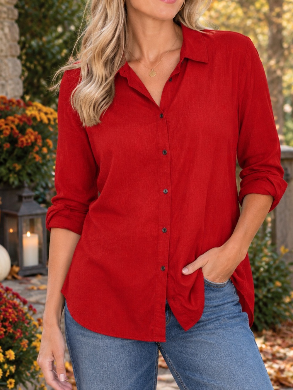 J. Jill Cherry Red Long Sleeve Cotton Corduroy Overshirt Button Front Shirt